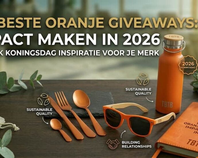 Luxe gecureerde landschappelijke selectie van oranje giveaways voor Koningsdag 2026 met bedrukte zonnebrillen en drinkflessen van TBTB