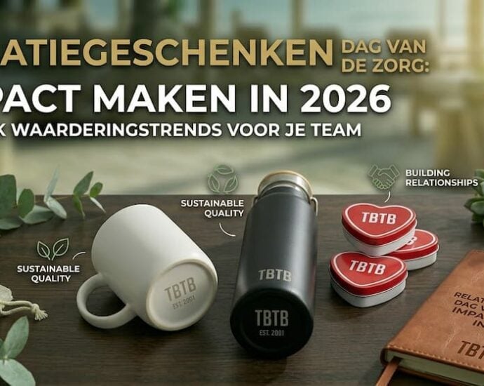 Luxe gecureerde landschappelijke selectie van relatiegeschenken Dag van de Zorg 2026 met bedrukte mokken en thermosflessen van TBTB