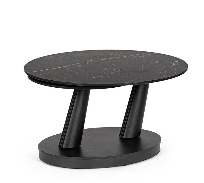 Round black marble-pattern coffee table with two angled legs and a matching oval base, modern design