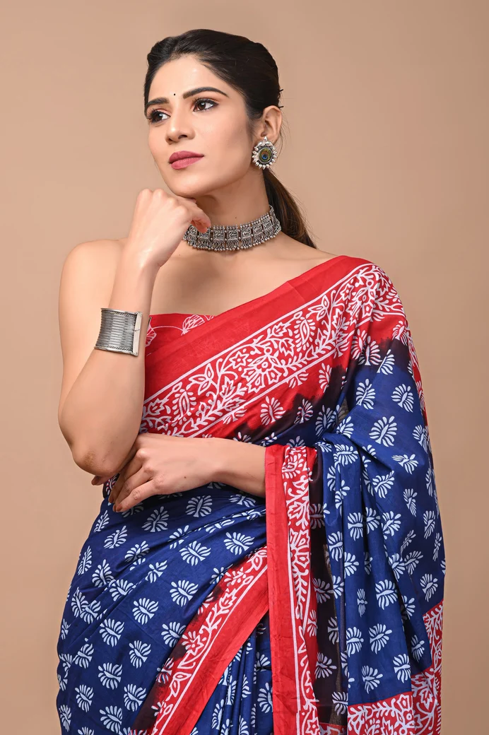 Red & Blue Cotton Mulmul Saree 