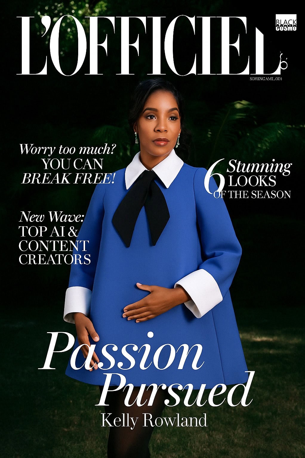 Kelly Rowland poses for L’Officiel Monaco SpringSummer 2025 cover wearing sculptural red tulle gown and structured blue couture dress, photographed by Dalong Yang