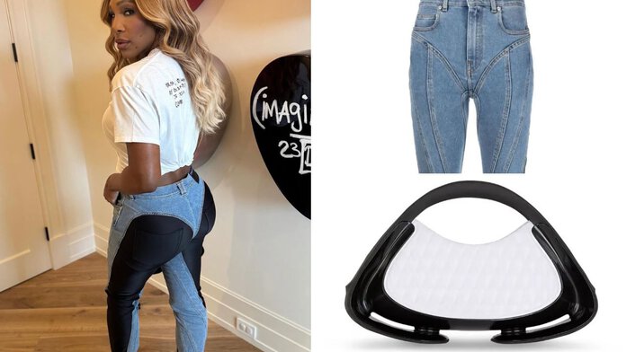 Serena Williams spotted in $690 Mugler jeans and $1,295 Balmain handbag