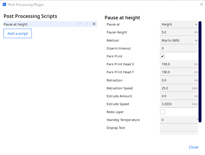 cura pause at height config example