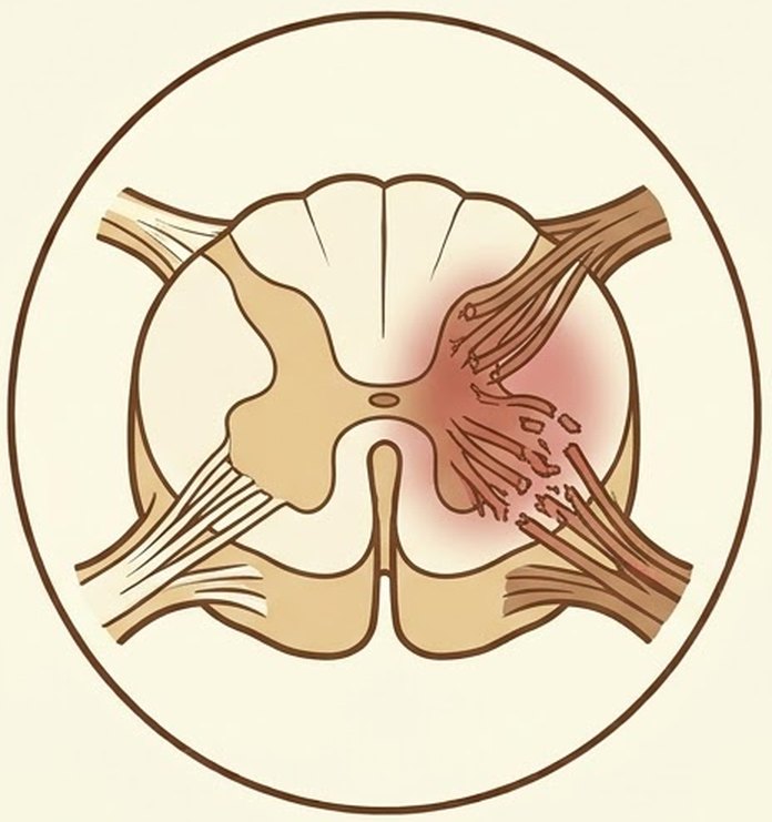 Cross-section of the spinal cord with damaged nerve fibers and bruising on one side, as in a spinal cord injury.