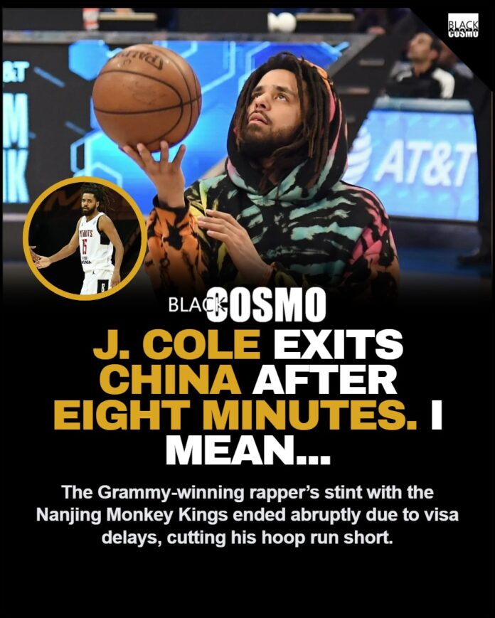 J. Cole dribbling a basketball on a professional court.