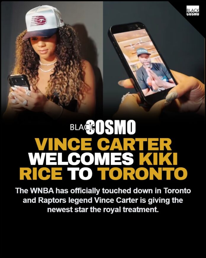 Vince Carter recording a video message to welcome Kiki Rice to the Toronto Tempo.
