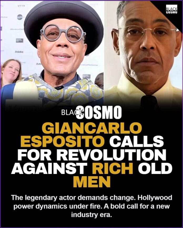 Giancarlo Esposito giving a speech at a podium wearing a tuxedo