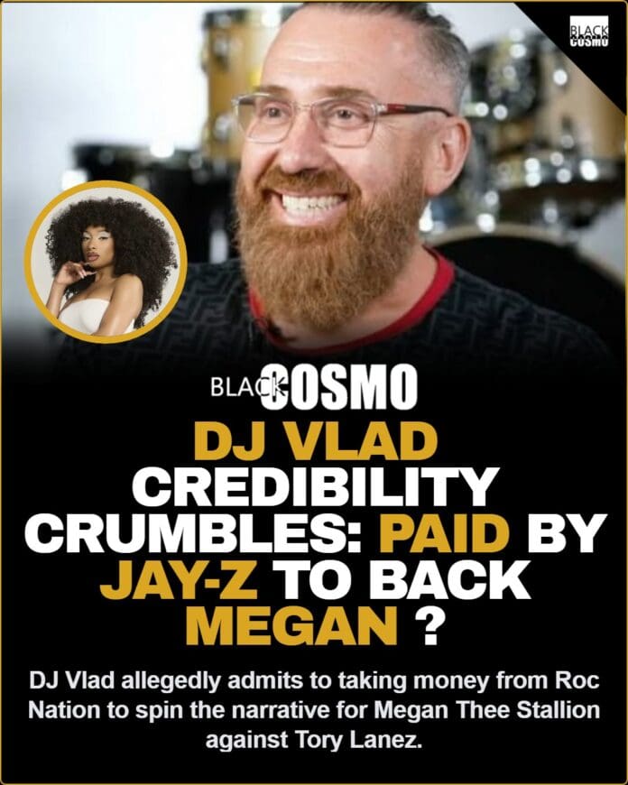 plit image featuring DJ Vlad looking concerned, Jay-Z in sunglasses, and Megan Thee Stallion performing.