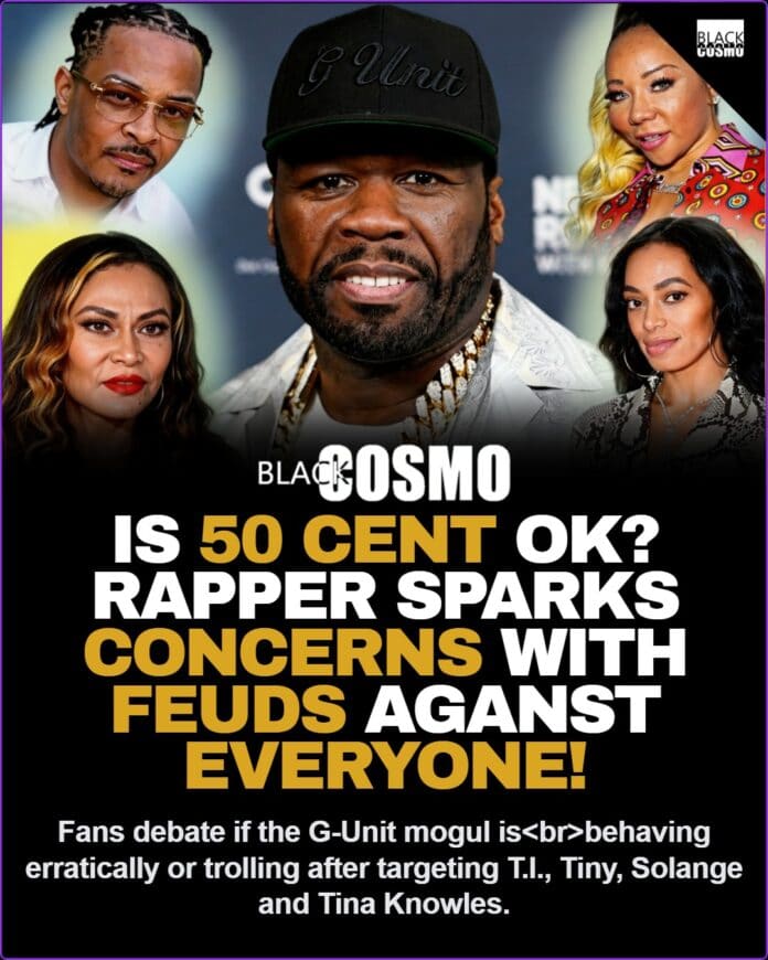is-50-cent-ok-rapper-sparks-concerns-with-feuds-aganst-everyone (1) 50 Cent looking serious at a press event, split screen with images of T.I. and Tina Knowles.