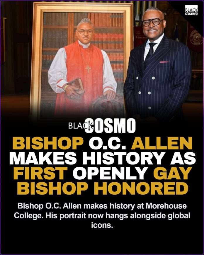 An oil portrait of Bishop O.C. Allen hanging in the Martin Luther King Jr. International Chapel at Morehouse College, honoring him as the first openly Black gay bishop to be placed among historic figures.