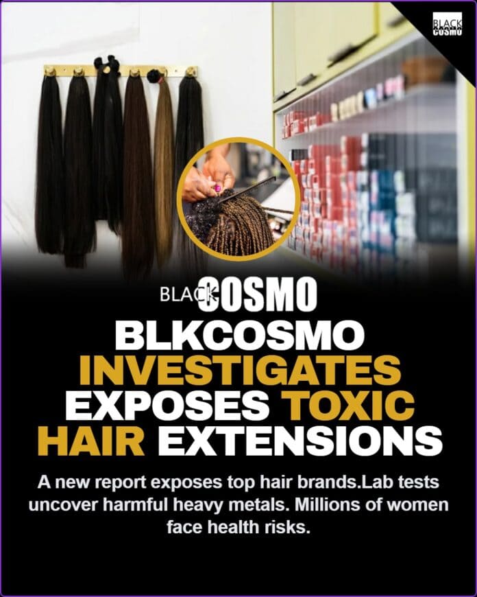 A close-up of human hair extensions with warning labels highlighting the toxic chemicals found in recent lab tests.