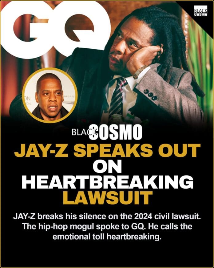 JAY-Z looking thoughtful, representing his recent candid GQ interview about the heartbreaking lawsuit allegations.