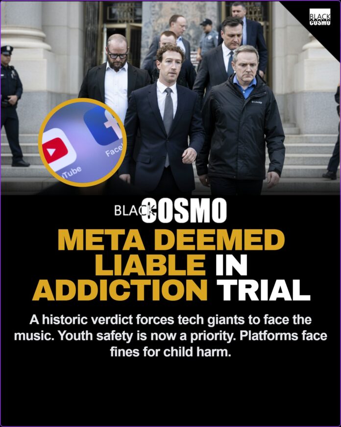 Meta CEO Mark Zuckerberg leaving a courthouse as social media platforms are deemed liable for youth addiction.