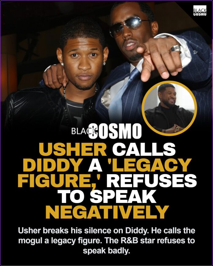 Usher looking serious during an interview, discussing his thoughts on Diddy's legacy and contributions to the music industry.