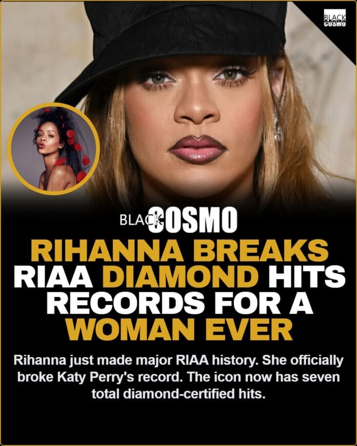 Rihanna smiling confidently, celebrating her historic achievement of having the most diamond-certified hits in RIAA history.