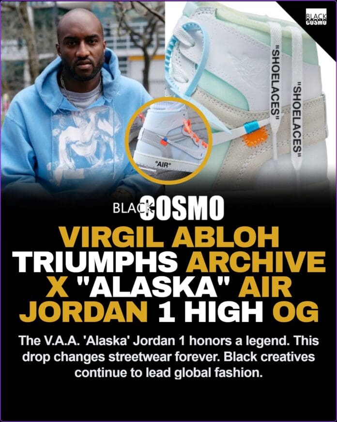A high-quality, editorial shot highlighting the deconstructed design of the white Virgil Abloh Archive x Air Jordan 1 High OG Alaska sneakers featuring the iconic zip tie.