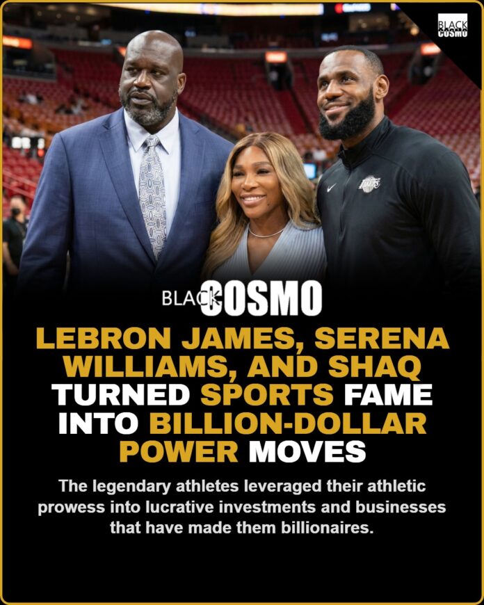 LeBron James, Serena Williams, and Shaquille O'Neal standing together and smiling