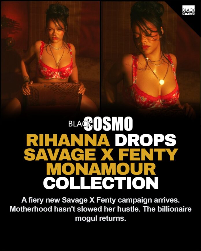 rihanna-drops-savage-x-fenty-monamour-collection (1) Rihanna reclining in a red floral two-piece Savage X Fenty lingerie set in a warm, dimly lit room.
