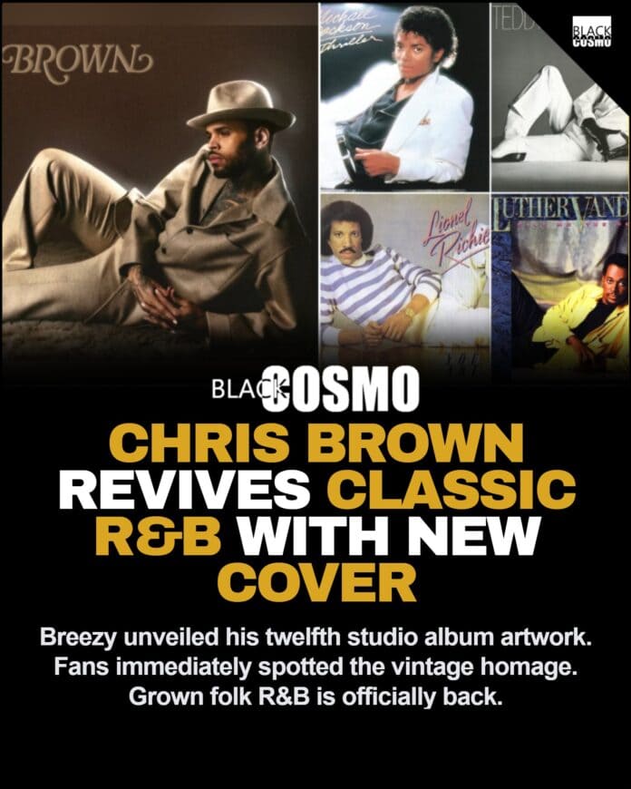 Chris Brown reclining in a tan corduroy suit and fedora for his new twelfth studio album cover.