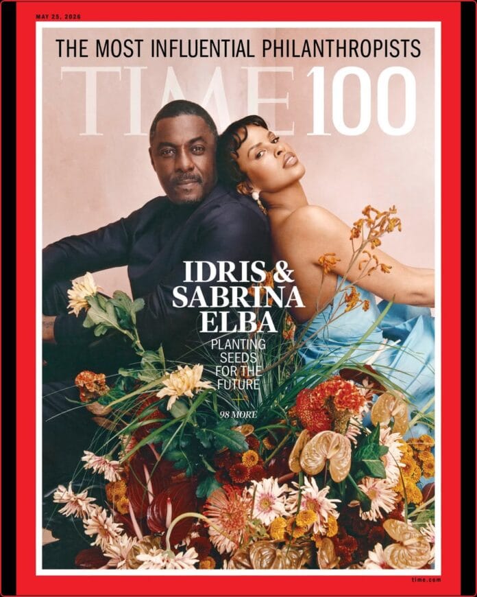 Idris and Sabrina Elba posing for TIME Magazine, highlighting the Elba Hope Foundation.