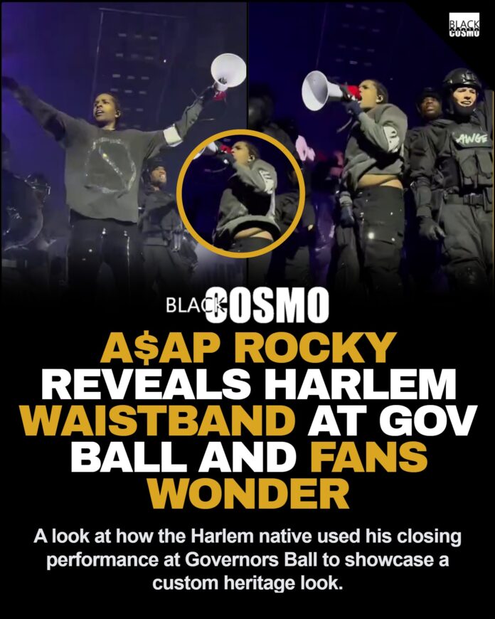 A$AP Rocky performing on stage at Governors Ball 2026 with a custom Harlem waistband visible above his sagging jeans.
