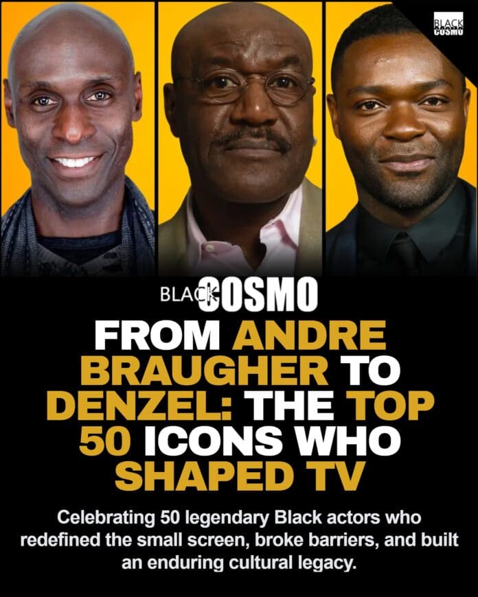 A collage highlighting iconic Black television actors including Andre Braugher, Denzel Washington, and Michael Kenneth Williams.
