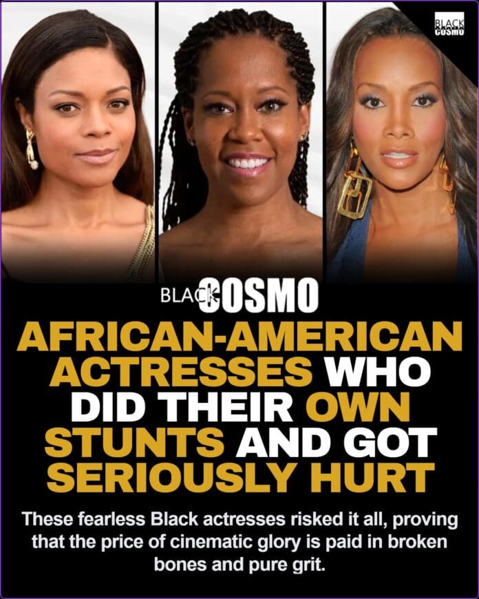 Collage of bold African-American actresses showcasing dynamic, intense action roles and stunt choreography.