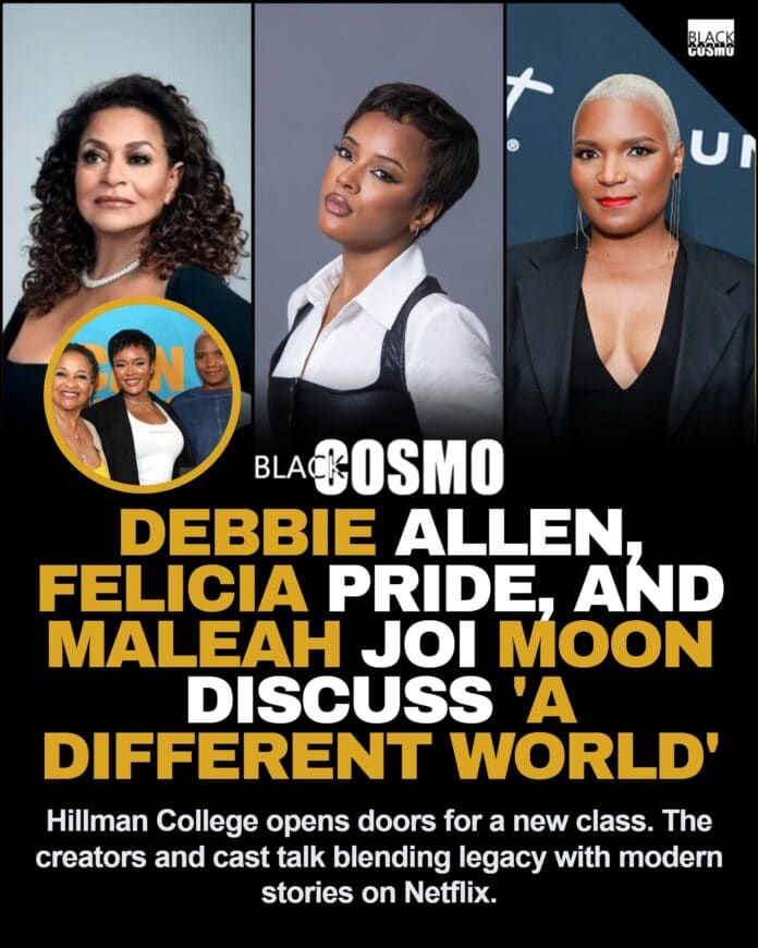 Debbie Allen, Felicia Pride, and Maleah Joi Moon sitting together during an interview discussing the Netflix series A Different World.