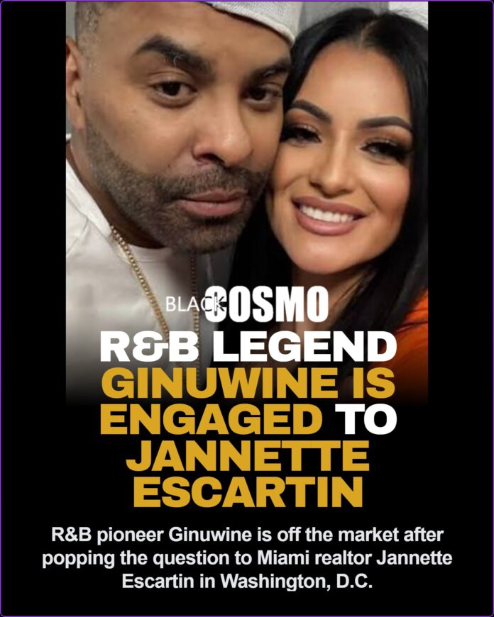 R&B singer Ginuwine and his fiancée Jannette Escartin smiling together during their engagement celebration.