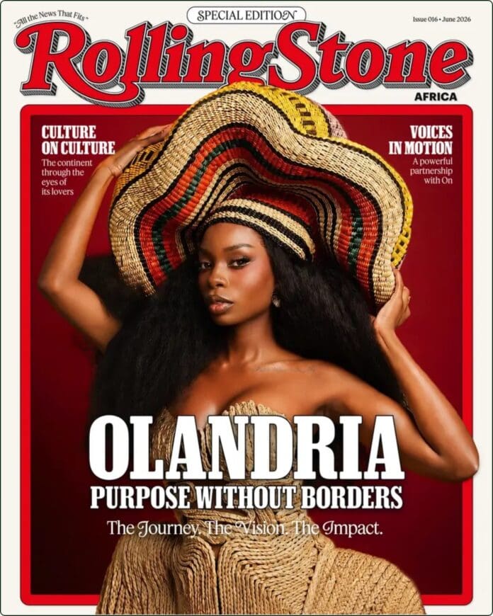 Olandria Carthen posing for her Rolling Stone Africa June 2026 cover story shoot, dressed in high-concept fashion designs.