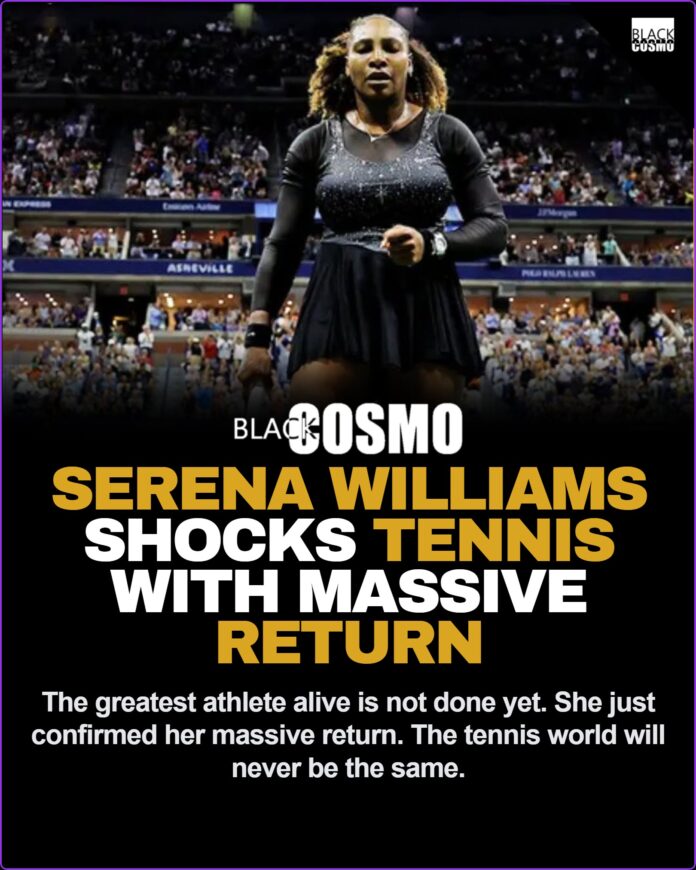 Serena Williams captured in a sports setting making her return announcement.