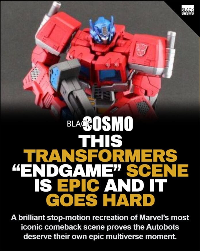 this-transformers-endgame-scene-is-epic-and-it-goes-hard (1) A high-quality fan-made stop-motion scene featuring Optimus Prime and Captain America standing together in a cinematic portal gateway.