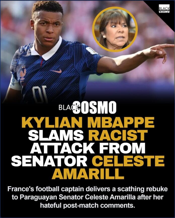 French football captain Kylian Mbappé smiling on the pitch in his national team uniform.
