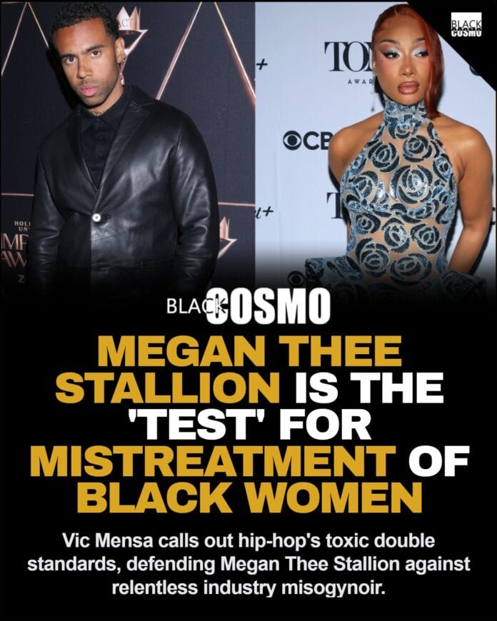 Vic Mensa and Megan Thee Stallion side-by-side graphic highlighting industry double standards