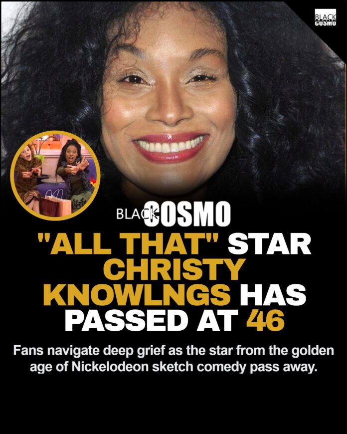 A nostalgic portrait of former All That cast member Christy Knowings smiling at a public event.