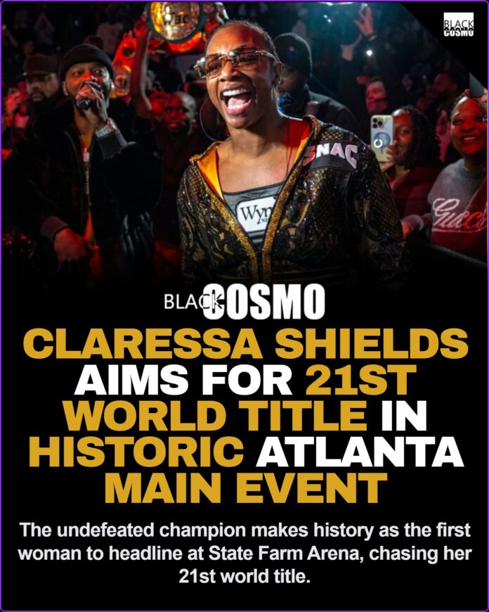 Claressa Shields posing confidently ahead of her history-making main event boxing match in Atlanta.