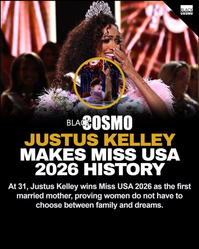 Justus Kelley smiling as she is crowned Miss USA 2026 onstage at the Adrienne Arsht Center in Miami.