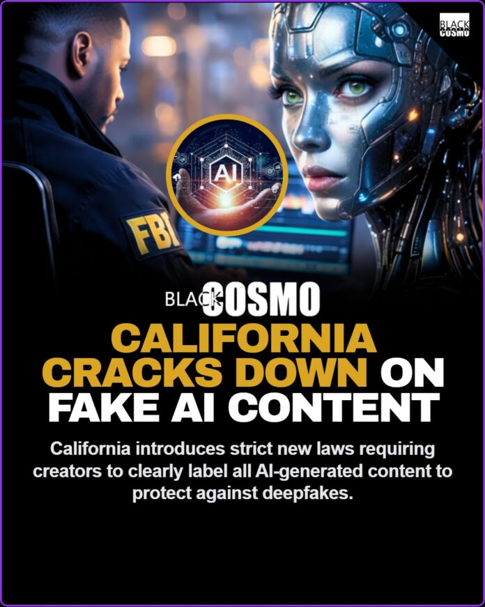 A digital representation of artificial intelligence technology and glowing network nodes, symbolizing California's new AI labeling law.