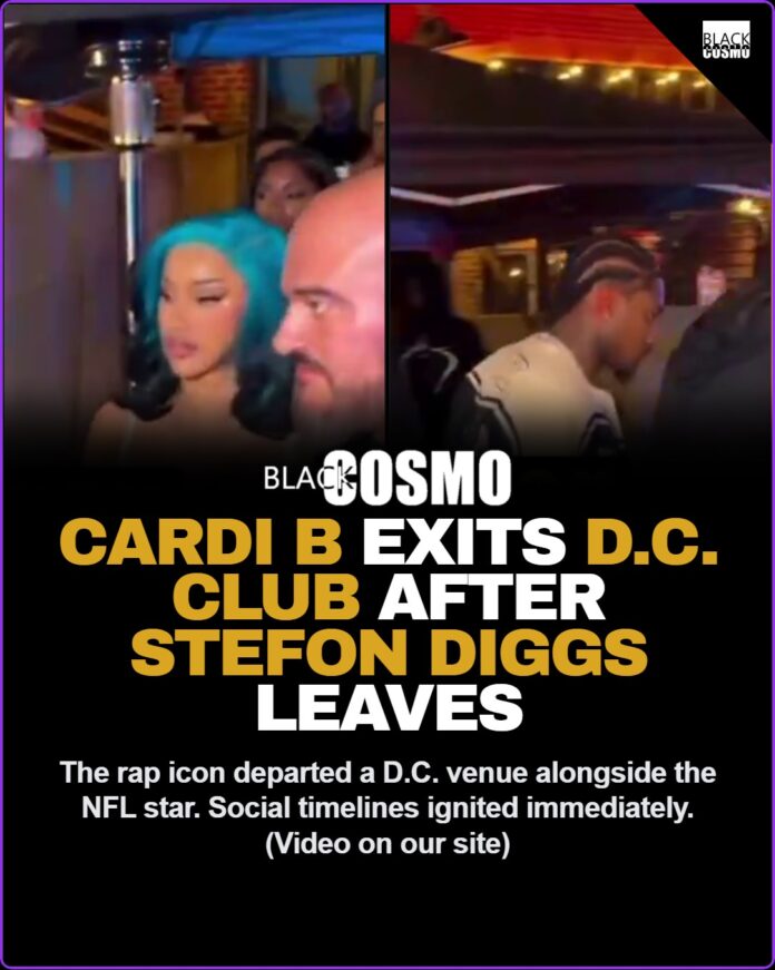Cardi B and Stefon Diggs photographed exiting a Washington D.C. venue surrounded by paparazzi flashes.