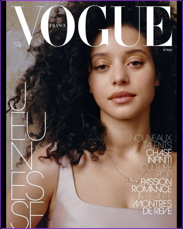 Chase Infiniti featured on the April 2026 Vogue France cover, photographed by Rahim Fortune with hair by Cyndia Harvey.