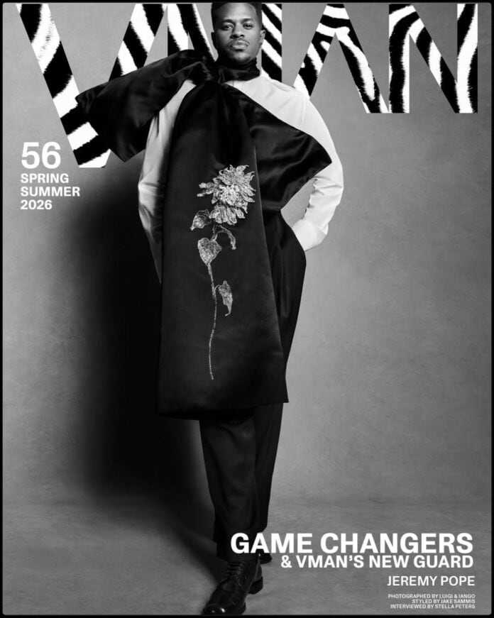 Jeremy Pope posing for VMAN magazine April 2026 editorial spread with grooming by Jai Williams