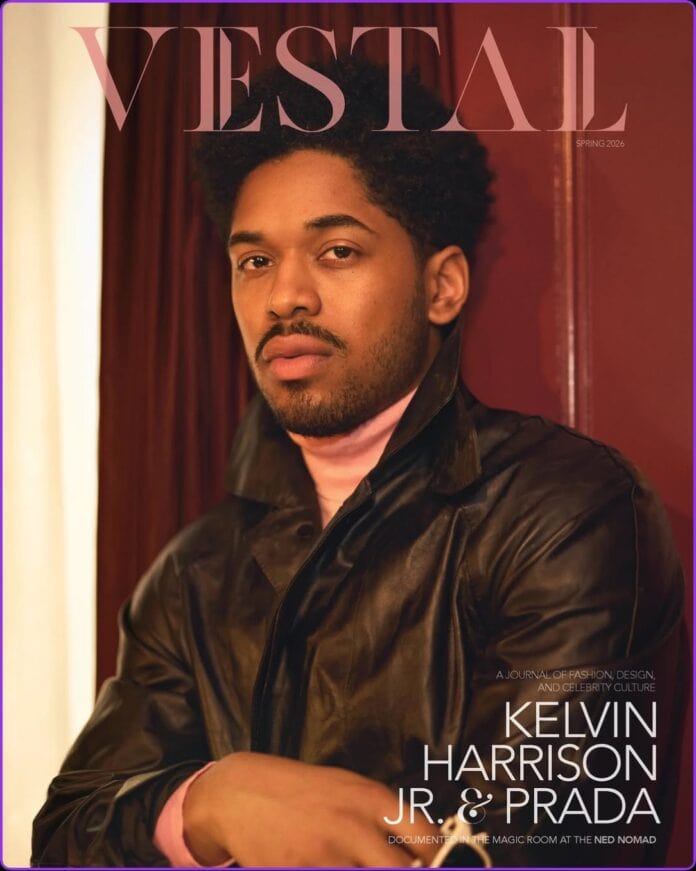 Kelvin Harrison Jr posing confidently for the April 2026 issue of Vestal Magazine, styled in high fashion with expert grooming by Vernon François.