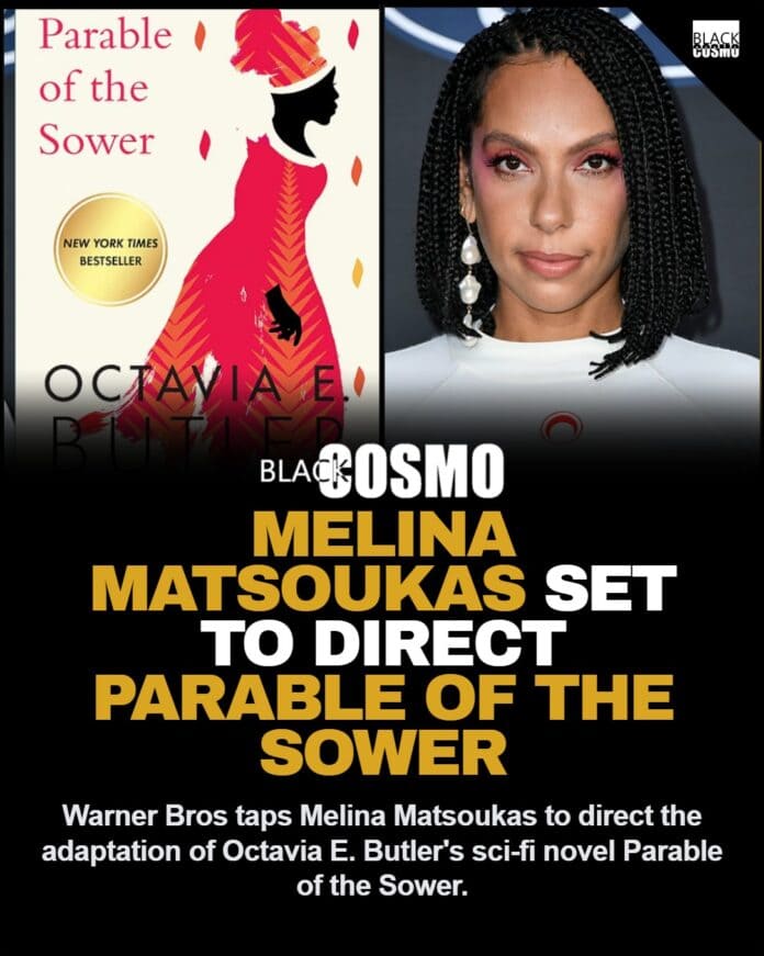 A cinematic representation of the upcoming Parable of the Sower film adaptation directed by Melina Matsoukas.