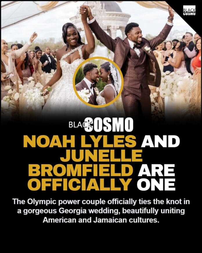 A beautiful wedding celebration showing Olympians Noah Lyles and Junelle Bromfield smiling together, representing the beautiful union of Jamaican and American cultures.