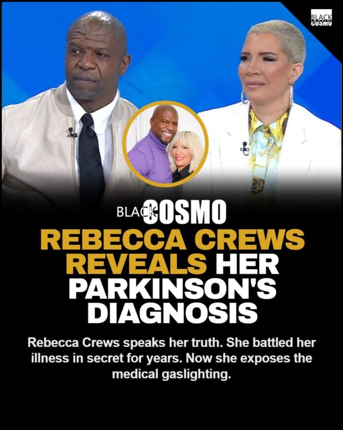 Rebecca Crews smiling confidently alongside her husband Terry Crews on a red carpet.