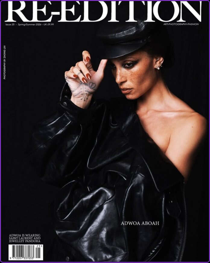 Adwoa Aboah striking a high-fashion pose in a tailored ensemble with flawless makeup and sculptural hair for Re-Edition Magazine
