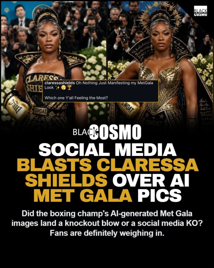 Claressa Shields looking glamorous in an AI-generated Met Gala gown, sparking debate about authenticity in fashion.