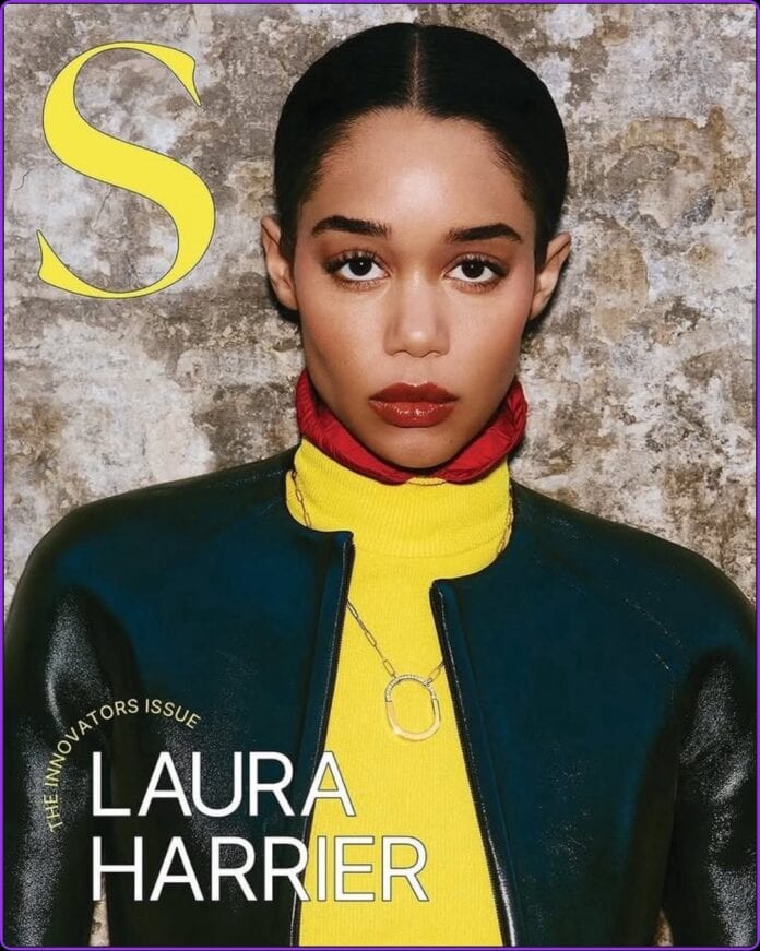 Laura Harrier posing for the cover of S Magazine in a structured high-fashion editorial look.