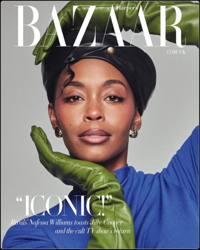 Nafessa Williams posing elegantly for her feature in Harper's Bazaar UK May 2026 editorial shoot.