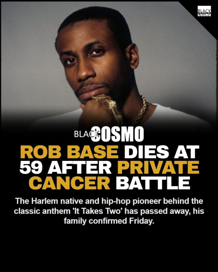 Rob Base performing on stage in vintage hip-hop fashion.